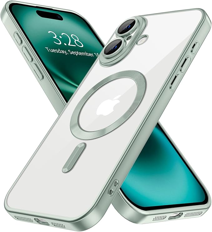 Hython Magnetic Clear for iPhone 16 Plus Case with Camera Lens Protector [Compatible with MagSafe] Luxury Plating Edge Slim Soft TPU Cover Protective Phone Case for iPhone 16 Plus, Matte Mint