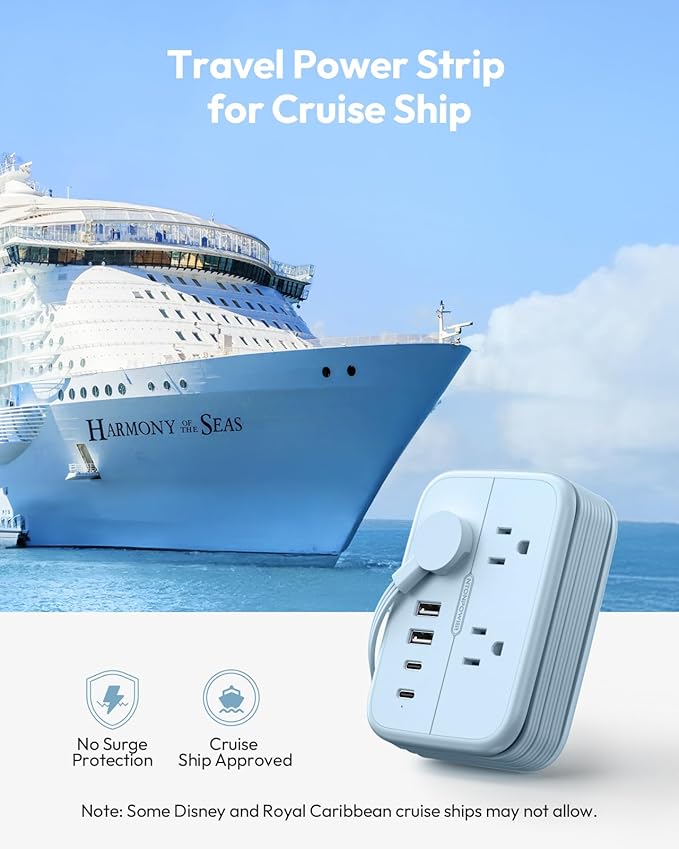 NTONPOWER Travel Power Strip, 6 Outlets 4 USB Ports(2 USB C), 4ft Extension Cord Wrapped Around Small Power Strip, Compact for Travel, Hotel, Cruise Approved, Blue
