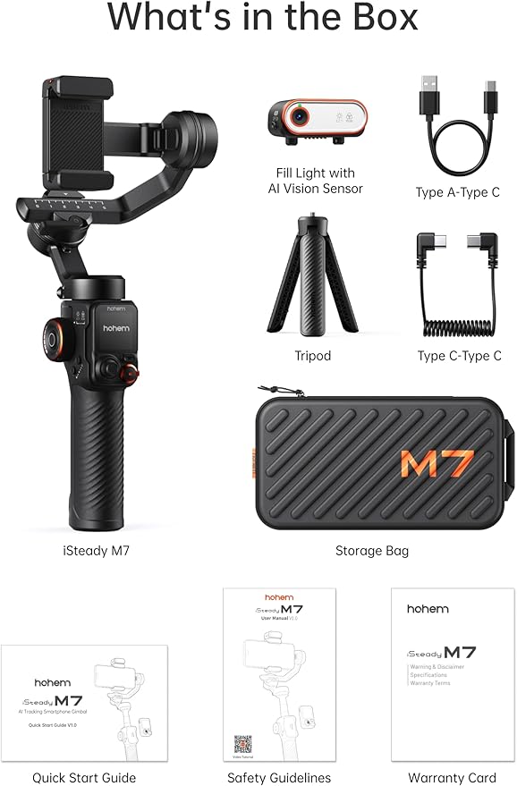 Hohem iSteady M7 Smartphone Gimbal Stabilizer, AI Tracking Sensor with Fill Light, 1.4" Full Color Detachable Touchscreen Remote Control, Built-in Extension Rod, 3-axis Phone Gimbal for iPhone Android