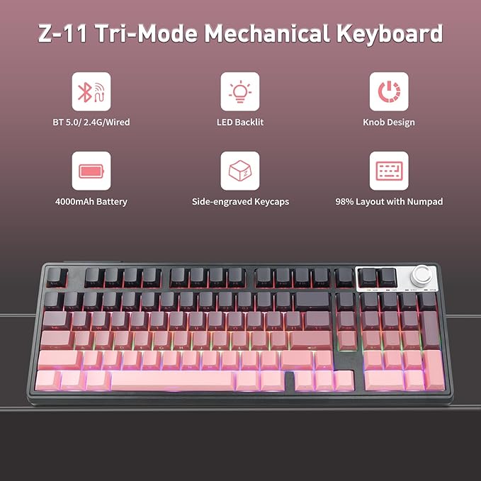 HUO JI Wireless Mechanical Gaming Keyboard with Knob, Bluetooth 5.0/2.4GHz/USB-C Wired, Hot Swappable Red Switches, Anti-Ghosting, Led Backlit, 96% Computer Keyboard for PC Gamer, Pink