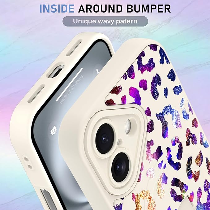 KANGHAR Compatible with iPhone 16 Case, Support for MagSafe, Silicone Cute Iridescent Leopard Cheetah Pattern, Wristband Kickstand Shockproof Protective Slim Cover for Women Girls, White