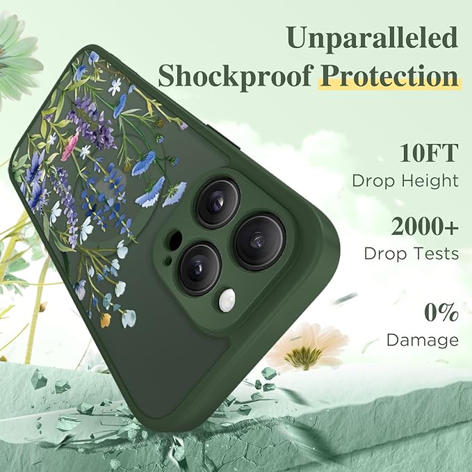 GVIEWIN for iPhone 16 Pro Case Compatible with MagSafe, [Military Grade Protection] [Screen Protector] Full Camera Protection Floral Translucent Women Magnetic Phone Case, Sweet Posy/Forest Green