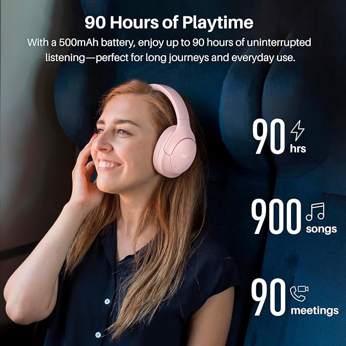 TOZO HT3 Hybrid Noise Cancelling Headphones, 90H Battery Life Wireless Over Ear Bluetooth 6.0 Foldable Headset, AI Voice Assistant with 5 Mics, Connect 2 Devices & Hi-Res Sound, 32 Audio EQ, with Case
