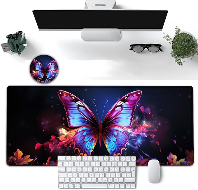 Large Mouse Pad, 31.5 x 11.8in Extended Gaming Mouse Pad with Stitched Edges, XXL Mousepad Protector Non Slip Rubber Base for Office and Home Writing Mat, Colorful Butterflies Pattern Black Desk Mat