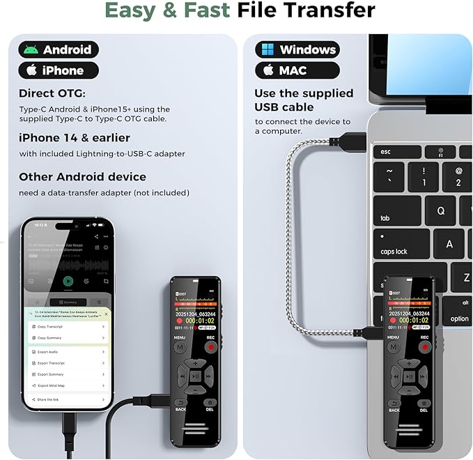AI Digital Voice Recorder 128GB: AI Transcribe & Summarize Note Taker, Voice Activated Recorder with Playback, Portable Audio Recorder & Tape Recorder for Meetings Lectures, OTG Support