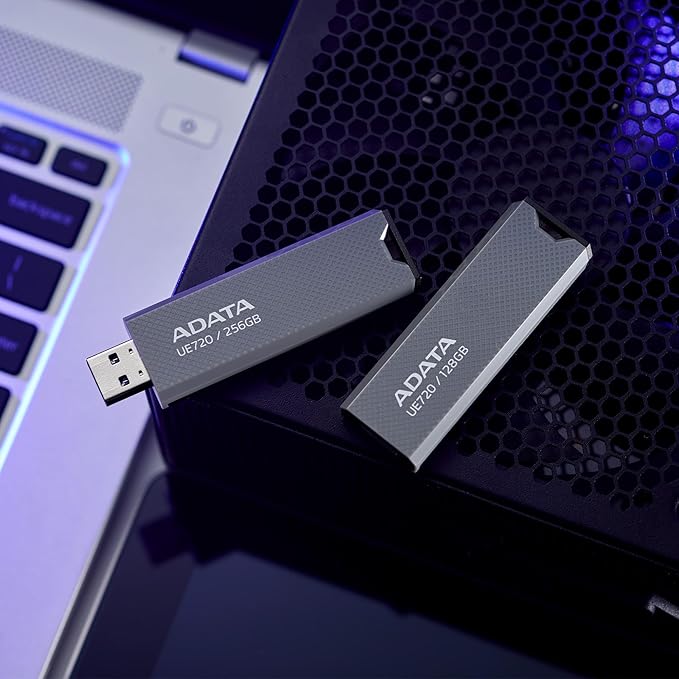 ADATA UE720 USB Flash Drive - 128GB USB 3.2 Gen2 Flash Drive for High Speed Data Transfer - Up to 350MB/s - Capless Push Design - USB 10Gbps External Storage - Grey - 1 Count