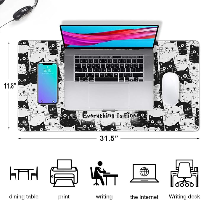 Funny Cat Mouse Pad Gaming, Large Mouse Pads for Desk, Extended Mousepad with Non-Slip Rubber Base Stitched Edge, Black Cat Mousepad Keyboard Mat for Desk Gaming Home Office, 31.5" x 11.8"