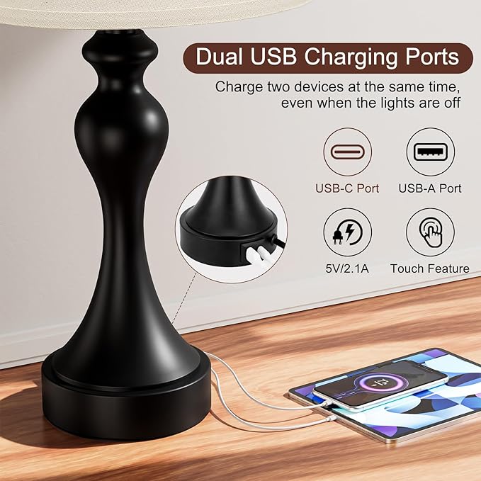 Seealle Touch Lamps for Nightstand - Bedside Lamps Set of 2, 3 Way Dimmable, USB C+A for Bedroom & End Tables (LED Bulbs Included)