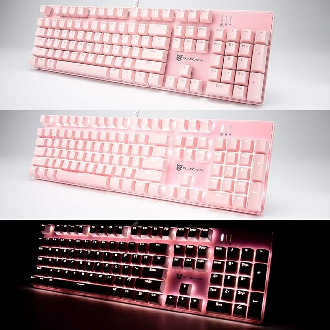 Merdia Full Size Wired Mechanical Gaming Pink Keyboard | Red Switch 104 Keys US Layout Full Size Pink PC Gaming Keyboards | Hot Swappable LED Backlit Light Up Wired Mechanical Computer Keyboards