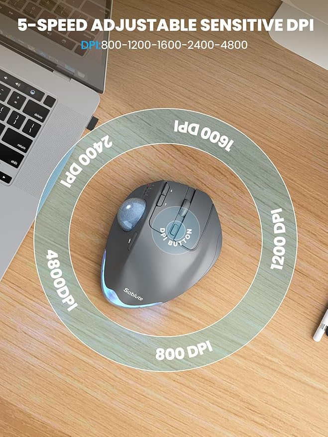 MAM1 Pro Wireless Trackball Mouse, Ergonomic Bluetooth Rechargeable Computer Mouse, Backlit Rollerball Thumb mice with 5 Level DPI, Adjustable Angle, 3 Devices Connection for PC, Windows - Gray Mouse