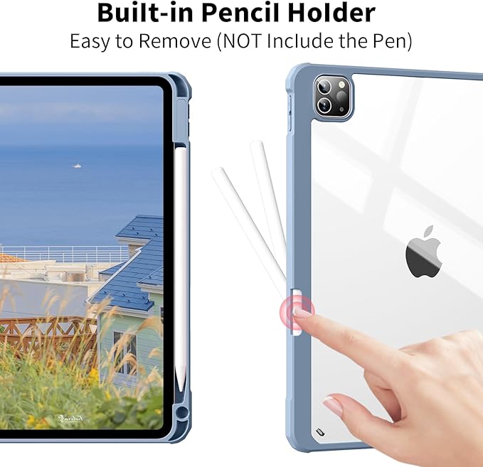 Case for iPad Pro 12.9 Inch (6th/5th/4th/3rd Generation 2022/2021/2020/2018) with Pencil Holder, Clear Transparent Back Shell Slim Stand Shockproof Tablet Cover, Auto Wake/Sleep, Blue