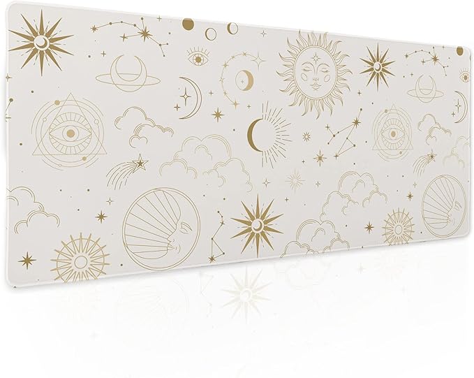 Boho Chic Sun Moon Large Mouse Pad XL Magic Mystical Galaxy Stars Clouds Extended Large Desk Mat Big White Desk Pad 80X30 CM Non-Slip Rubber Base Stitched Edge Long Mousepad,31.5×11.8 Inch