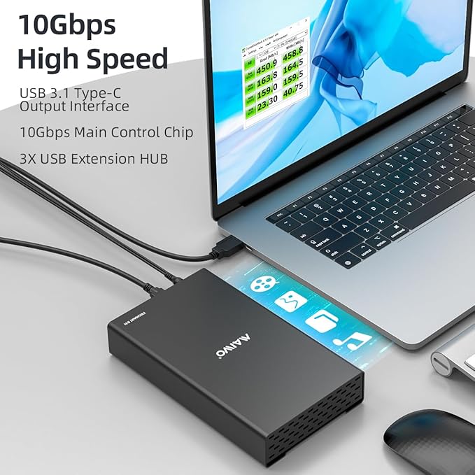 MAIWO External Hard Drive Enclosure for 2.5 3.5 inch SATA SSD HDD, USB C 3.1 GEN2 10Gbps Hard Drive Reader HDD Case with UASP, 24TB Capacity, Aluminum, 3X USB Ports Extension