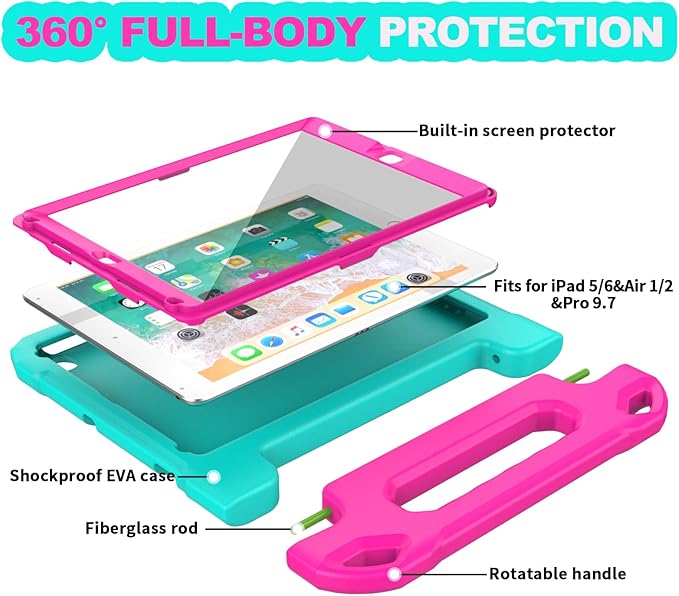 YIHE Kids Case for iPad 9.7 Inch with Screen Protector, Shockproof Handle Convertible Stand Case for iPad 9.7 6th/5th Generation 2018/2017, iPad Air 2/1& iPad Pro 9.7, Cyan&Pink