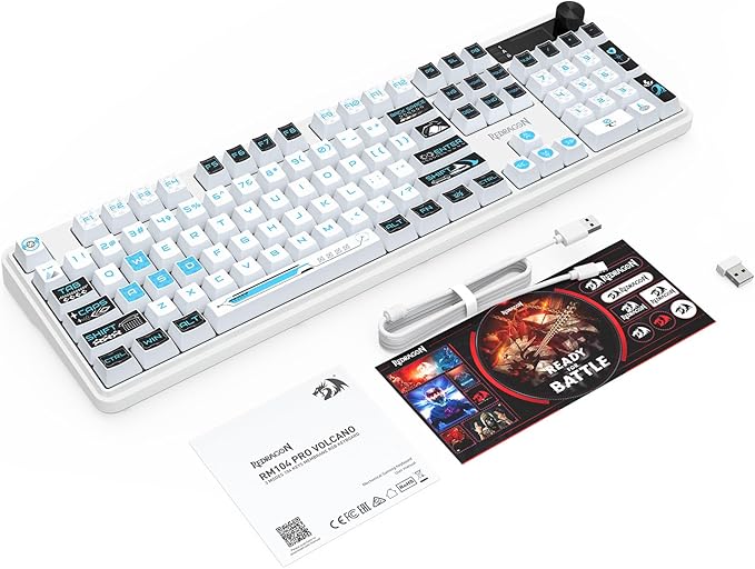 Redragon K526 PRO RGB Wireless Membrane Gaming Keyboard, 104 Keys Mechanical-Feel Keyboard w/LED Info Display, Media/Backlit Knob Control, Smooth Linear Switch & Software Supported