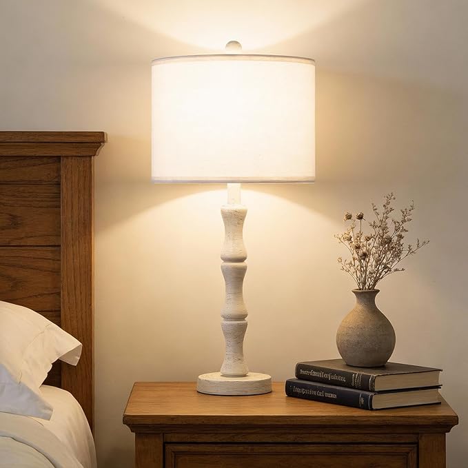 BOBOMOMO 25" Farmhouse Bedside Lamps Set of 2, Vintage Nightstand Lamps with Antique White Resin Base & Linen Shade, Standard Table Lamps for Bedroom, Living Room, End Table & House Décor