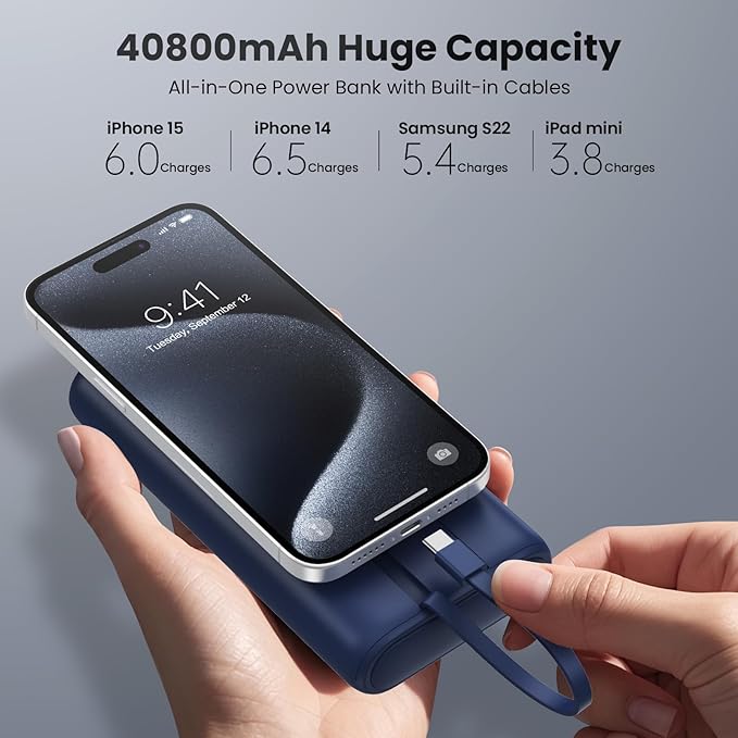 Upgraded Portable Charger 40800mAh Power Bank - Portable Battery with 2 Built in Cables,PD 25W USB C Fast Charging, 5 Outputs Battery Pack Compatible with iPhone 17 16 15 14 Android Phone etc-Navy