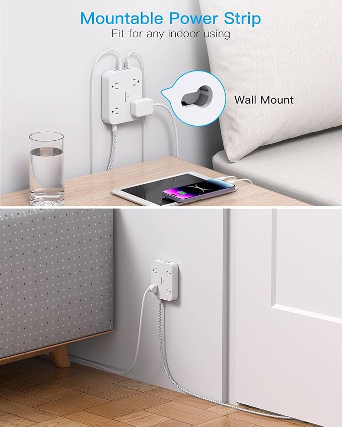 Surge Protector Power Strip, HANYCONY 5Ft Extension Cord with 4 USB Ports(2 USB C), 4 Widely Outlets Extender, Wall Mount, Desk Charging Station for Office School Travel College Dorm Room Essentials