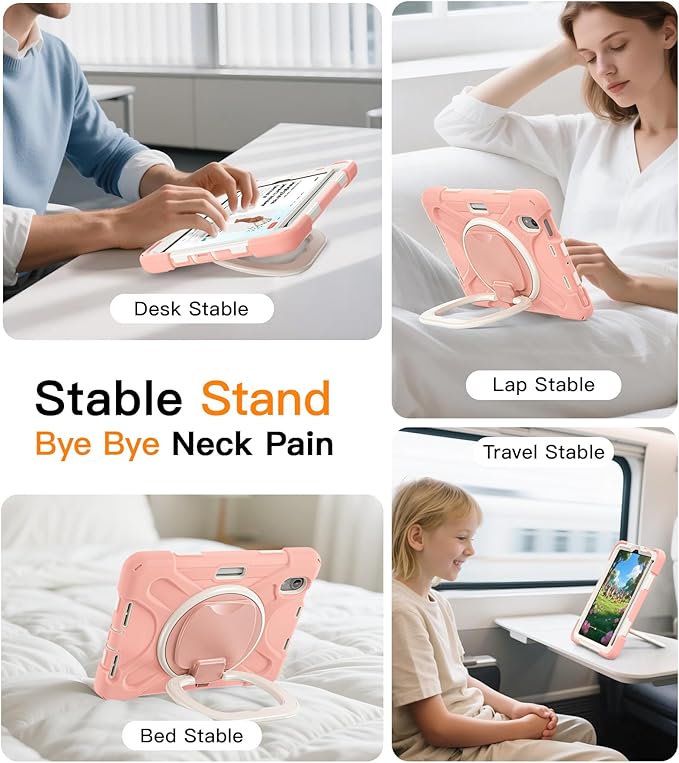 BATYUE Case for iPad mini 7 A17 Pro 2024/iPad Mini 6 2021 8.3 Inch with Pencil Holder, 360 Rotating Stand, Shoulder Strap, Handle Grip, Shockproof Rugged Case for iPad mini 7th/6th Gen, Rosegold
