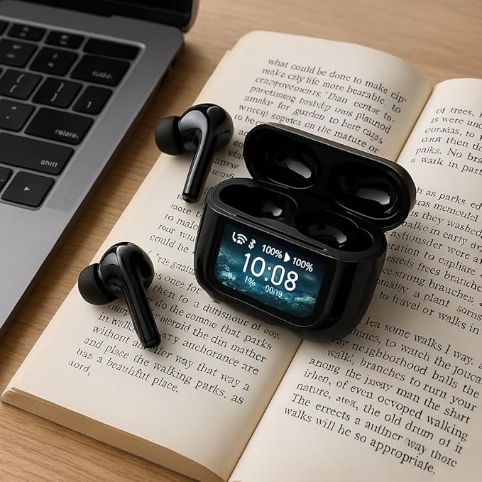 IQ Sound IQ-341 ANC & ENC Bluetooth Earphone with Touchscreen Display Charging Case, True Wireless Earbuds, Stereo Sound, Dual Mic, Voice Assistant, In-Ear Detection, USB-C Charging (Black)