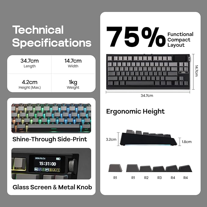 EPOMAKER G84 PRO Wireless Mechanical Keyboard, 75% Gaming Keyboard with 8000mAh Battery, PBT Keycaps, 81 Keys, Hot Swap, Custom Driver, RGB Backlight, Gasket-Mount (Black, Creamy Jade Switch)