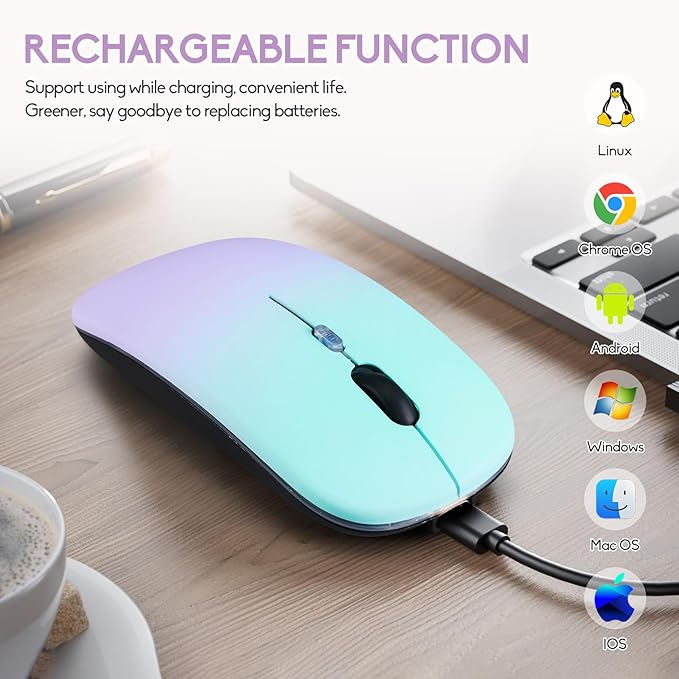 Wireless Bluetooth Mouse,LED Dual Mode Rechargeable Silent Slim Laptop Mouse,Portable(BT5.2+USB Receiver) Dual Mode Computer Mice,for Laptop,Desktop Computer,ipad Tablet,Phone,Mac(Green purple)