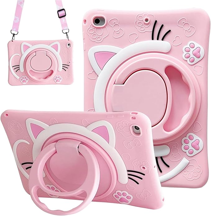 Dteck for iPad Pro 11 Case 2022/2021/2020/2018,iPad Air 5/4 Case,Cute Cartoon 3D Unique Rotating Handle Stand Shoulder Strap Soft Silicone Funda Rugged Shockproof Protective Kid-Proof Case,Cat