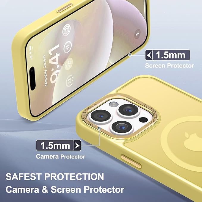 Newfuture Upgraded Magnetic for iPhone 15 Pro Max Case [Compatible with Magsafe] [Mil-Grade Protection], Pocket-Friendly, Slim Translucent Phone Case Cover for iPhone 15 Pro Max 6.7", Yellow