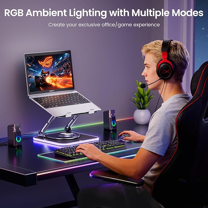 JOYEKY RGB Laptop Stand for Desk, Adjustable Ergonomic Laptop Riser with 360° Rotating Base, Foldable & Portable Computer Stand, Suitable for All 10-16” Laptops