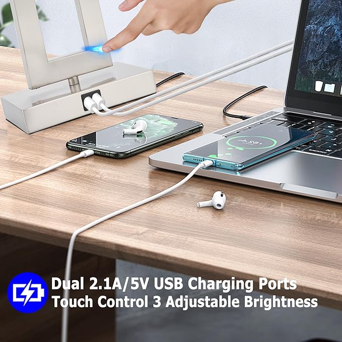 22'' Lamps for Bedrooms Set of 2, Touch Control Table Lamps with 2 USB Ports, 3-Way Dimmable Bedside Nightstand Lamps, Brushed Nickel &White Lamp for End Table Living Room Modern Contemporary