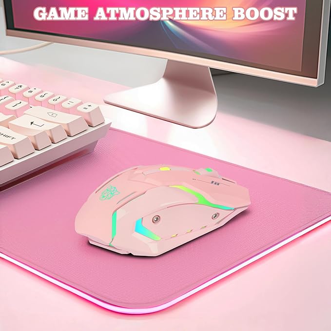 Wireless Gaming Mouse, Rechargeable Wireless Computer Mouse with Type-C Fast Charging, Ergonomic Mouse with 3 Adjustable DPI, 6 Silent Buttons, LED Light, Long Battery Life for Laptop, PC, Mac (Pink)