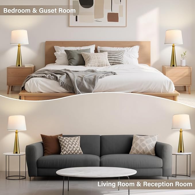 Seealle Modern Table Lamps Set of 2 - Touch Bedside Lamps for Nightstand with Dual USB C+A,3-Way Dimmable Gold Nightstand Lamps for Living Room Bedroom (Bulb Included)