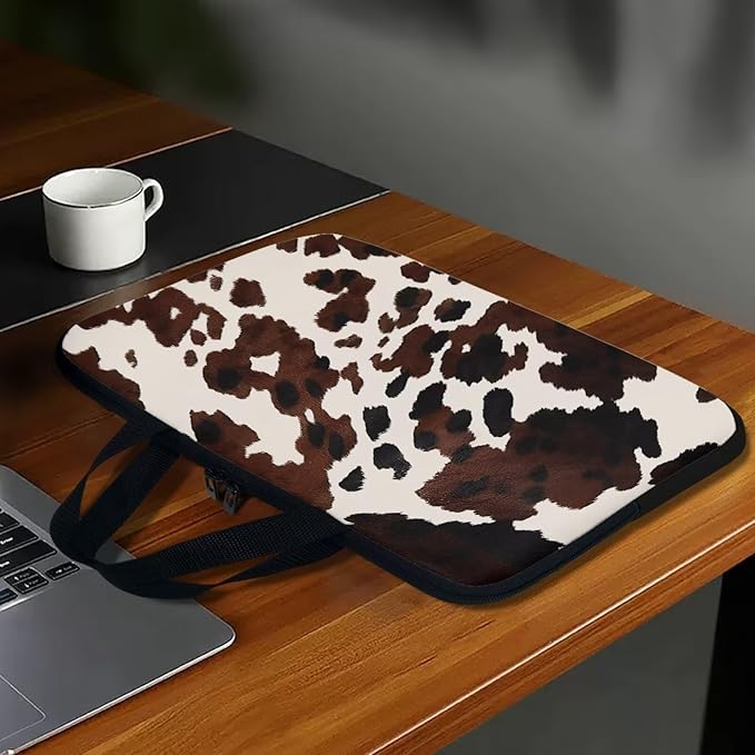 Cow Print Brown 13 Inch Laptop Sleeve, Laptop Cover Computer Bag Tablet Carrying Case with Handle, Waterproof Zipper Tote Bags Notebook Sleeves Handbag Messenger Briefcase