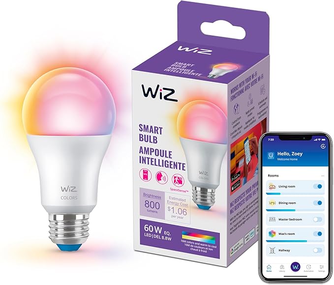 WiZ LED Smart Light Bulbs, Sunset to Sunrise Automation + Motion Detection + Control with Voice or App, Full Color A19 60W 800LM E26 Indoor, Matter Compatible - 1 Pack
