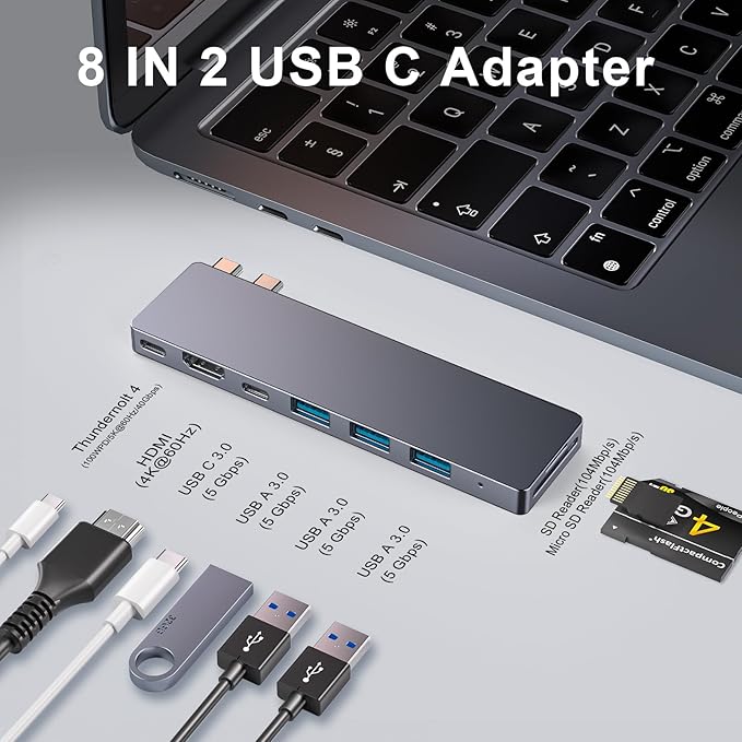 USB C Hub,8 in 2 USB Adapter for MacBook Pro Air，Thunderbolt 4 Dock 100W PD, 40Gbps, 4K HDMI, USB C 3.0, 3 USB A 3.0, SD/TF Card Reader, Compatible with MacBook Pro Air M1/M2/M3/M4