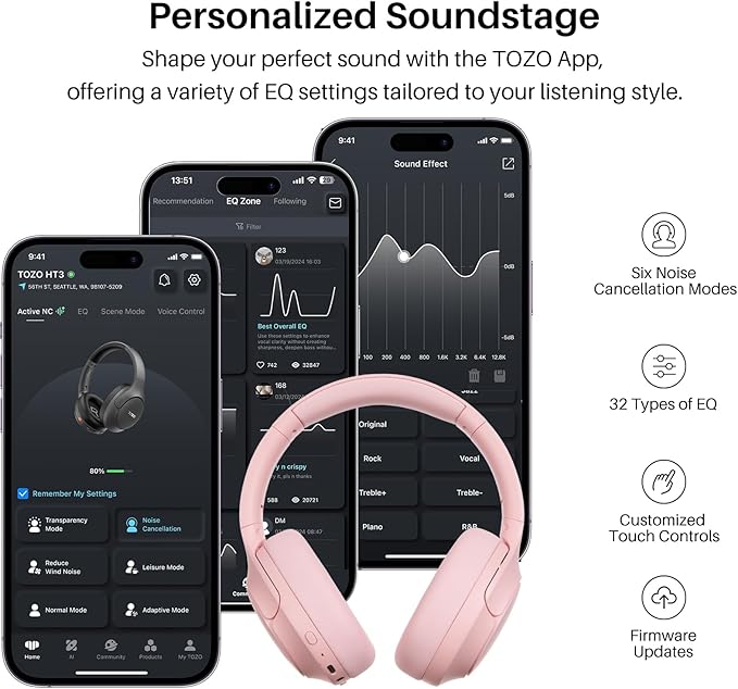 TOZO HT3 Hybrid Noise Cancelling Headphones, 90H Battery Life Wireless Over Ear Bluetooth 6.0 Foldable Headset, AI Voice Assistant with 5 Mics, Connect 2 Devices and Hi-Res Sound, 32 EQ Audio Presets