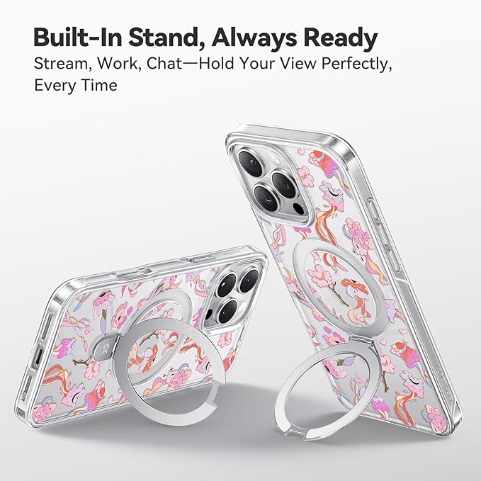 CASEKOO Floral Series [ArtCollab x Leah Han] Floral Jellyfish for iPhone 16 Pro Case with Magnetic Ring Stand [Compatible with MagSafe] [Military-Grade Protection] Clear Back, Soft Edge, for Women