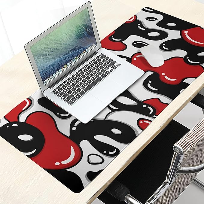 Red Black White Gaming Mouse Pad Desk Pad Large 35.4x15.7 Inch Japanese Anime Geometric Gaming Mouse Pad Extended Non-Slip Rubber Base Stitched Edge Japanese Desk Mat for Gamer Office Home Work