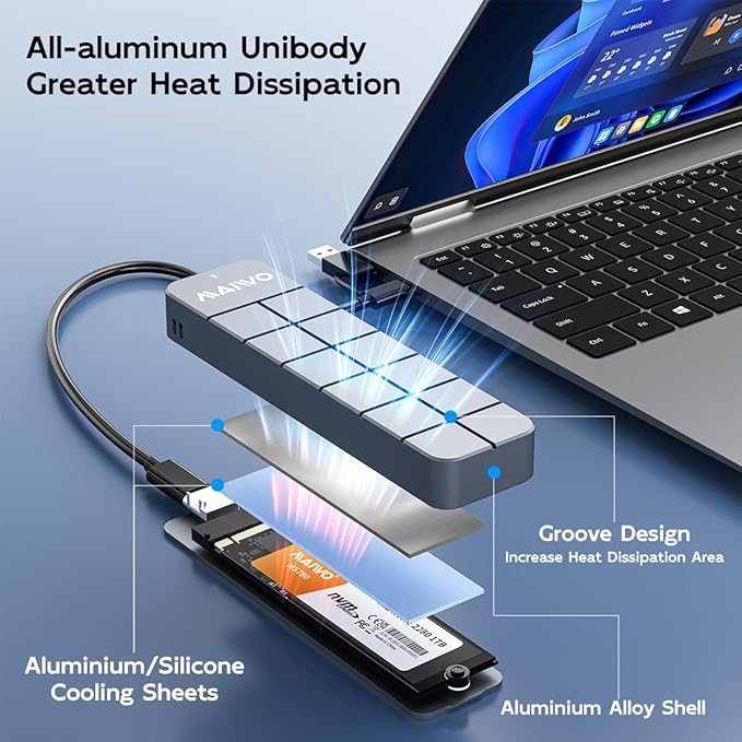 MAIWO M.2 NVMe SSD Enclosure USB3.2 GEN2 10Gbps, 8TB Capacity 2-in-1 Type-C Cable, USB C to M-Key PCIE NVME SSD Adapter Reader Case Aluminum