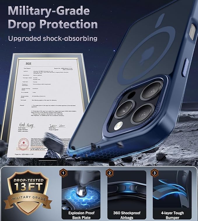 Newfuture Designed for iPhone 16 Pro Case with Magnetic [13 FT Military Drop Protection] [Compatible with Magsafe] Slim Translucent Matte Shockproof with Anti-Fingerprint Phone Case,Navy Blue