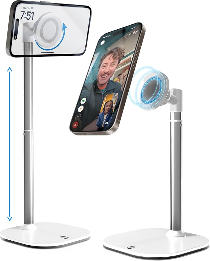 COOPER MagStand, Adjustable Magnetic iPhone Stand for Desk & Phone Holder for Video Recording, Compatible with MagSafe, Stand for iPhone 17 Pro Max, 16/15/14/13/12, Small Mag Safe Tripod (White)