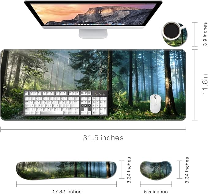 MIBITRI Keyboard Mouse Pad Set, Extended Gaming Mouse Pad+Ergonomics Keyboard Wrist Rest Support, Memory Foam, Easy Typing Pain Relief, 3Pcs XXL Ultra Thick Desk Mat, Forest in The Morning