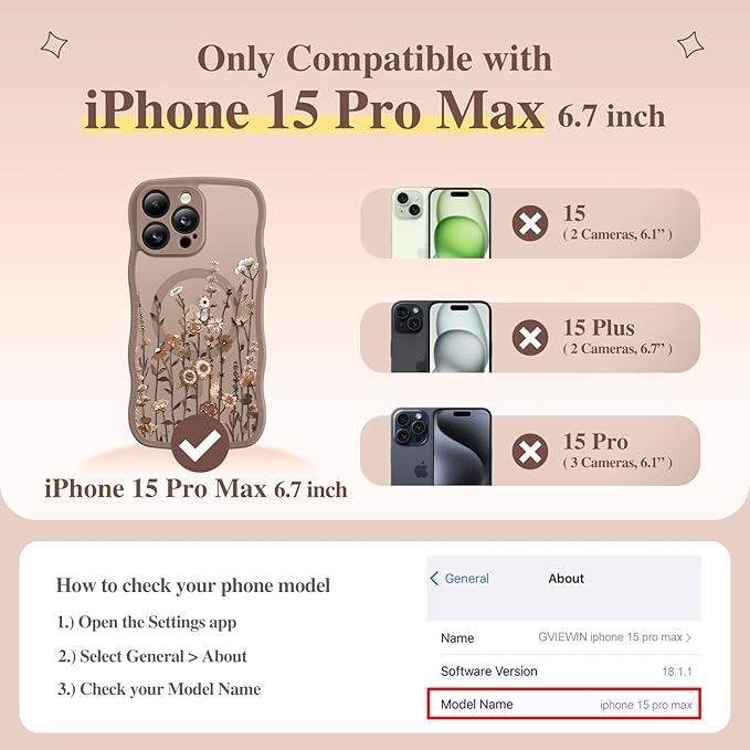 GVIEWIN for iPhone 15 Pro Max Case Compatible with MagSafe [Curly Wave Edge][Full Camera Protection] Floral Translucent Shockproof Magnetic Women Phone Case for 15 Pro Max 6.7'', Floratopia/Brown