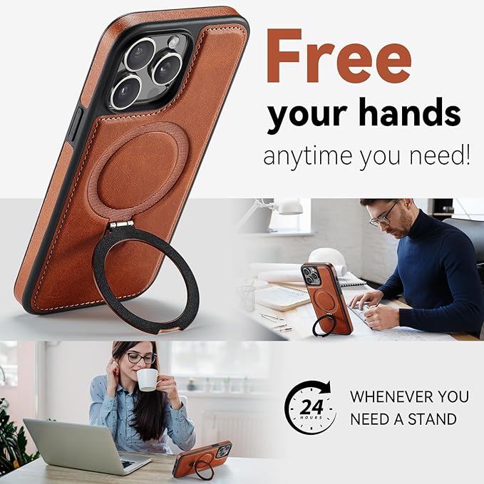 Compatible with iPhone 14 Pro Max Case with Stand, Compatible with MagSafe, Slim PU Leather & Durable TPU Protective Cover Drop-Proof with Tempered Glass Screen Protector 6.7", Brown
