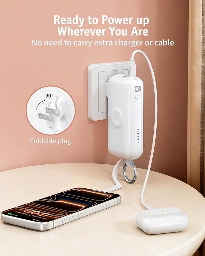 RORRY Flow Portable Charger, 10000mAh 40W Fast Charging Power Bank with Built-in USB C Cable and Foldable Wall Plug, Battery Pack Travel Essentials for iPhone 17/16/15, Apple Watch, iPad, MacBook