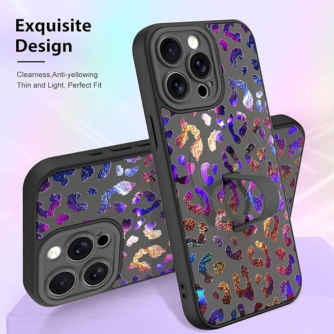 KANGHAR Compatible with iPhone 15 Pro Case, Support for MagSafe, Silicone Cute Iridescent Leopard Cheetah Pattern, Wristband Kickstand Shockproof Protective Slim Cover for Women Girls, Black