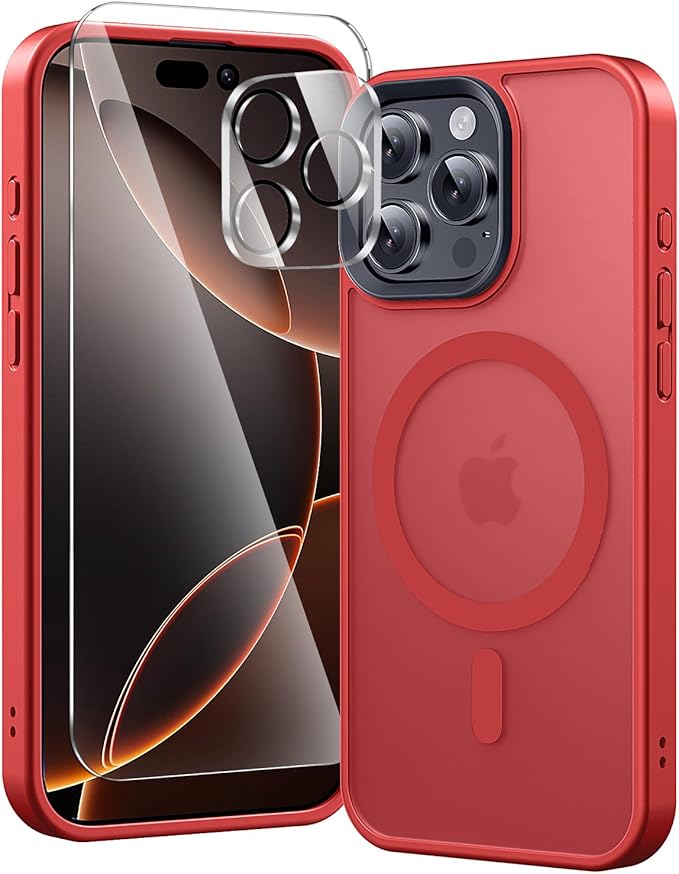 toushion 3 in 1 for iPhone 16 Pro Max Case with MagSafe, Screen Protector*1 Camera Lens Protector*1,Skin Feeling Back Military-Grade Protection for iPhone 16 Pro Max Phone Case 6.9 inch Red