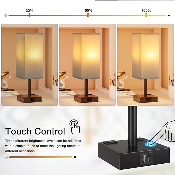 Touch Bedside Table Lamp For Nightstand - 3-Way Dimmable Night Lamp with USB A + Type C Charging Ports and two AC Outlets, Small Desk Light with E26 LED Bulb for Bedroom Living Room Office, Grey Black