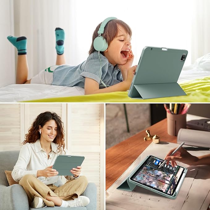 Case for iPad Pro 11 inch (M5/M4) 2025/2024 with Pencil Holder,Tri-Fold Stand Cover, Protective Soft TPU Back&Shockproof Air Corner,Supports Apple Pencil Pro, Auto Wake/Sleep (Dark Green)