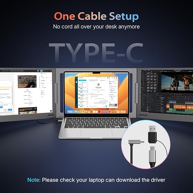 QQH 15.6" Laptop Screen Extender, Non-Clip Triple Portable Monitor, One Cable USB-C Travel Monitor for 2 Screens, Desktop Stand Laptop Monitor Extender for 12"-16" Laptops, MacOS/Windows/Android